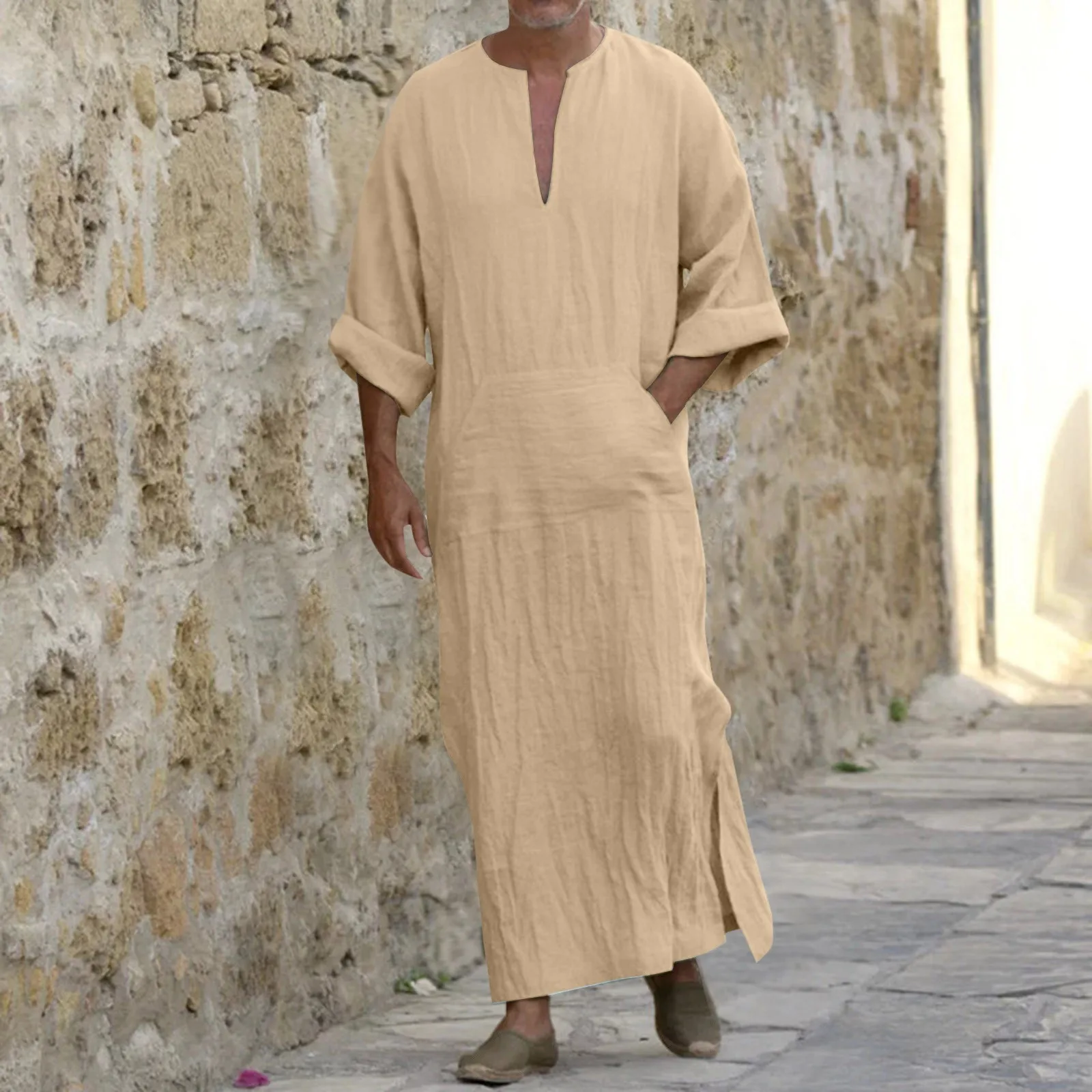 Men's Muslim Robe V-neck Casual Pockets Loose Long Sleeve Vintage Arab Ethnic Islamic Dress Male Abaya Islamic Clothing