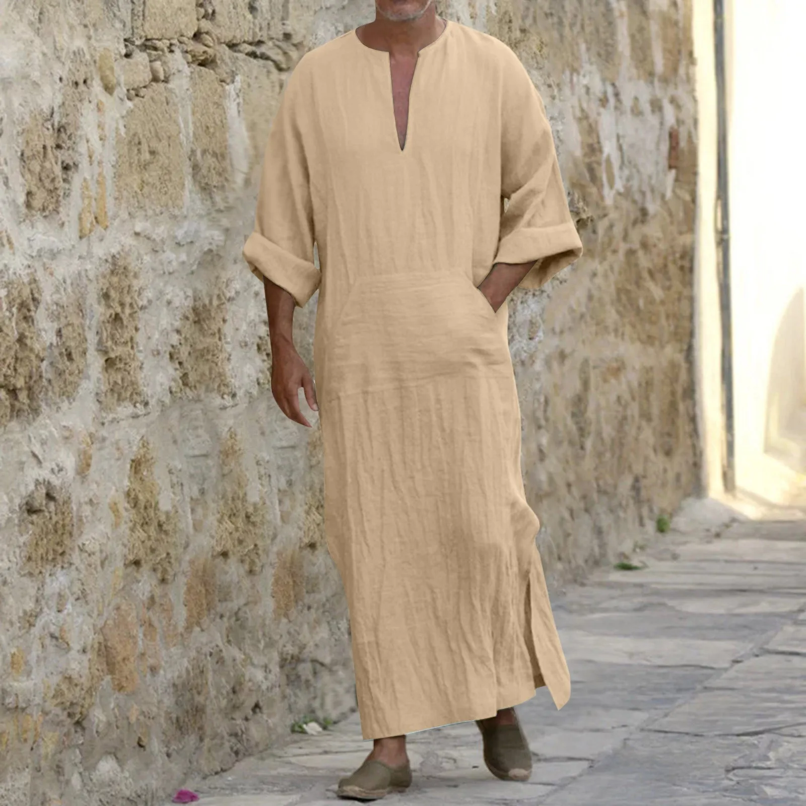 Robe musulmane à col en V pour hommes avec poches décontractées, manches longues, robe ethnique arabe vintage, vêtements islamiques Abaya masculins