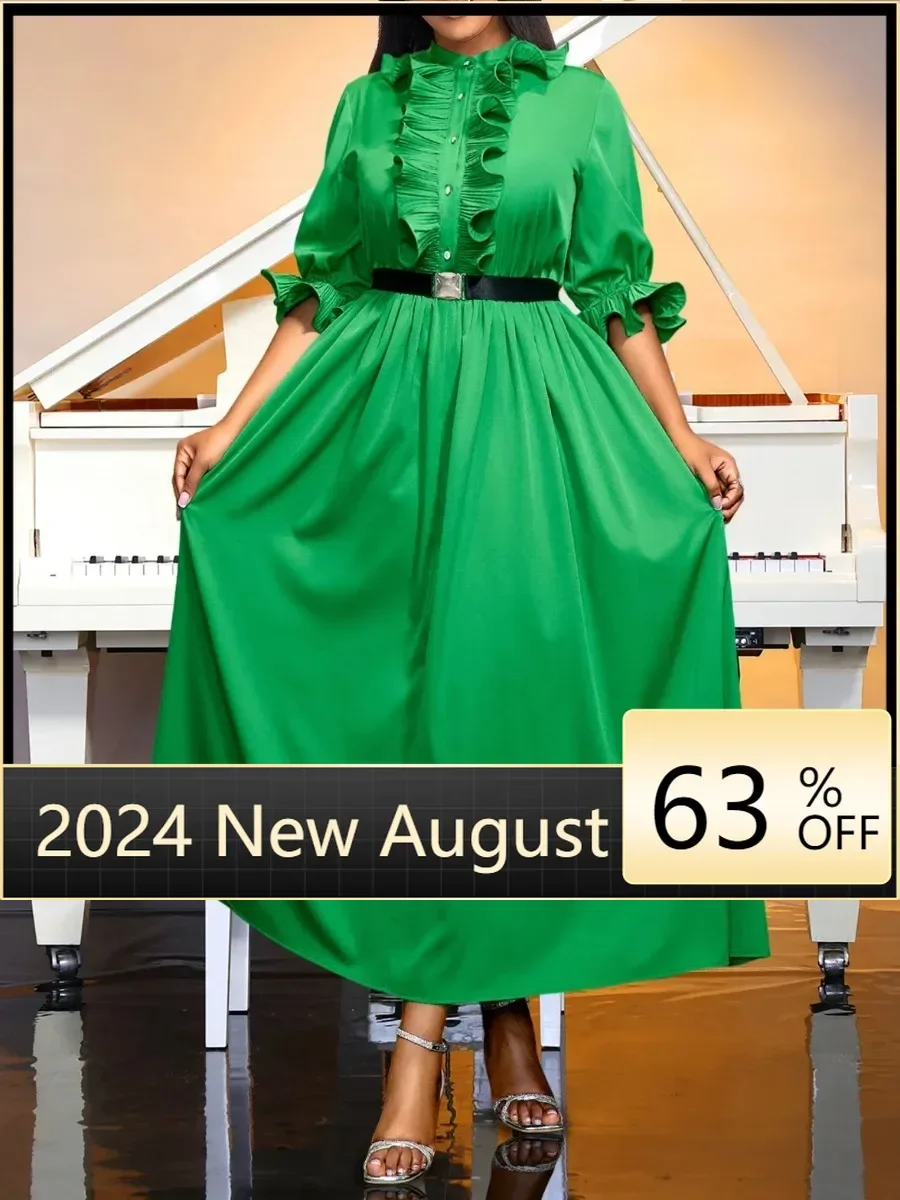 

Elegant Women Long Dress with Green Pleats Round Neck Ruffled Edges Half Sleeves High Waistband Belt Button A-line Church Robe