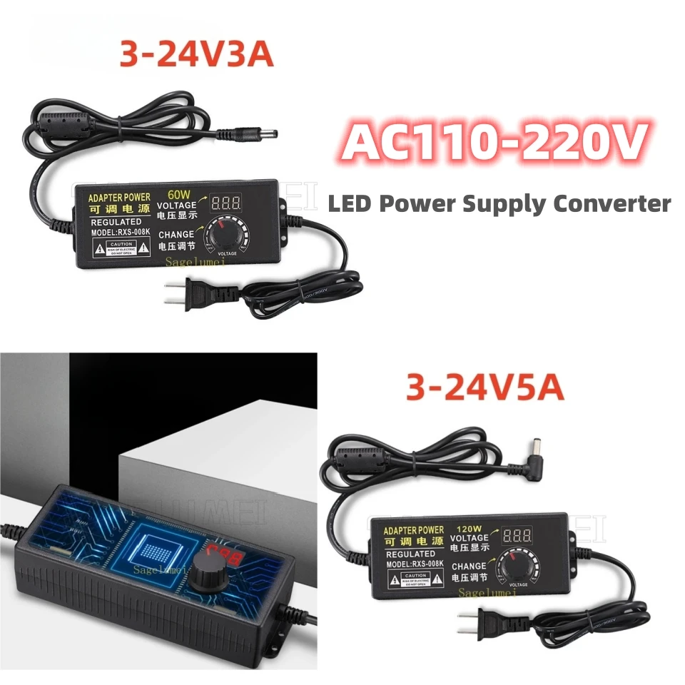 Adjustable AC110-220V To DC3-24V 3A/5A 60W 120W Universal Adapter with Display Screen Voltage Regulated Power Supply Led Adatper