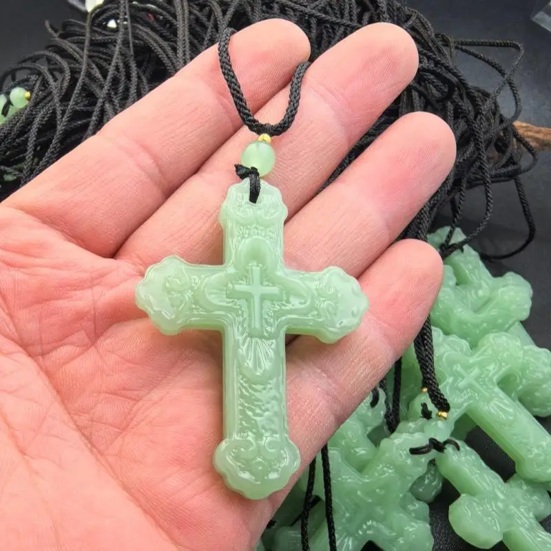 Imitation Green Jade Cross Pendant Necklace Hand-carved Charm Jadeite Jewelry Fashion Luck Gifts For Men Women