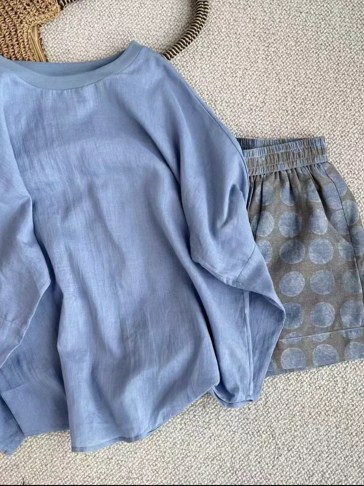Summer Faion Casual Lino Lungo Sve Top da donna a vita alta Orbs Set in due pezzi Protezione solare Set pullover rotondo Ne