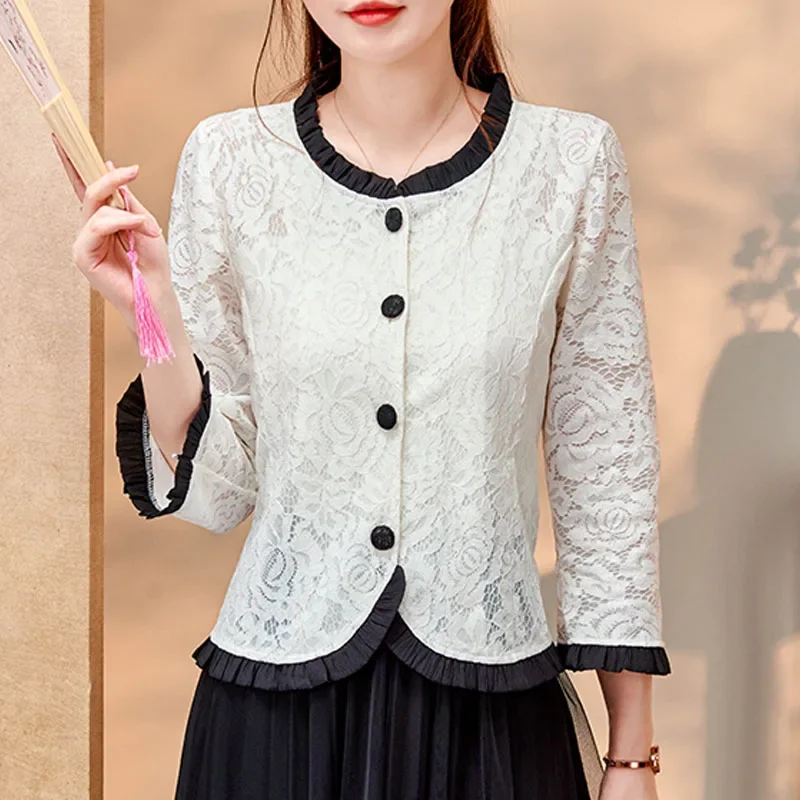 Jaquetas de moda babados branco preto jaqueta feminina estilo chinês jaqueta de renda casaco feminino chaquetas de mujer m709