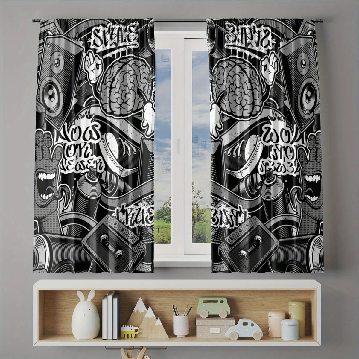 Graffiti Brain Speaker Curtains Urban Street Art Drape for Man Cave Garage Bedroom Window Decoration