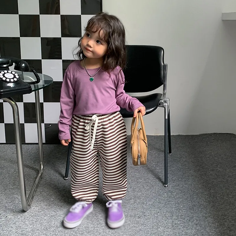 

Children Girls Casual Stripe Pants Elastic Waist Kids Loose Straight Sweatpants Toddler Baggy Joggers Wide Leg Trousers Leggings