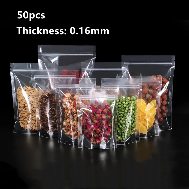 50pcs Transparent Zipper Bags For Nougat Candy Cookie Food Snack Nut Dry Fruit Packaging Ziplock Pouch Kitchen Storage Organizer