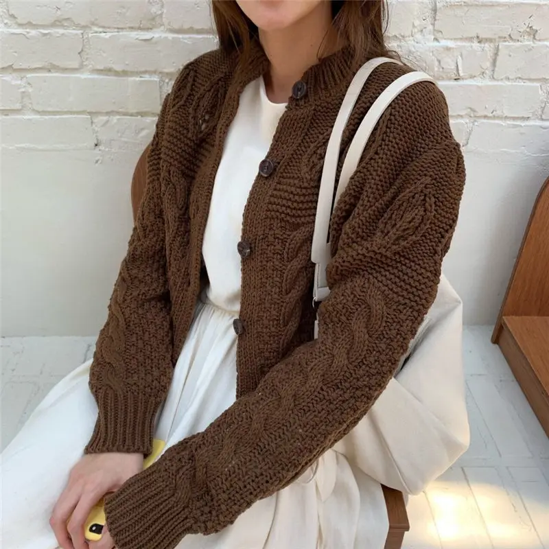 2024 Vintage solide verdicken gestrickte Strickjacken Frauen lässig verdreht Herbst neue süße schlanke lang ärmel ige kurze Pullover lila beige