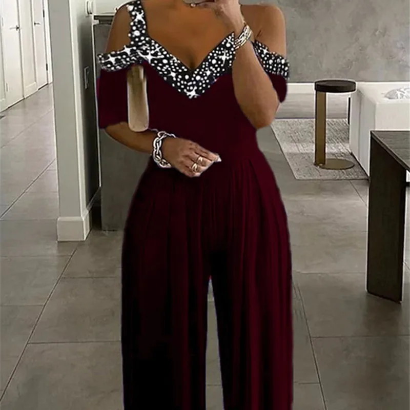 Women's Cold Shoulder Rhinestone V-Neck High Waist Wide Leg Romper Elegant Party Evening Jumpsuit