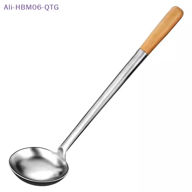 1Pc Stainless Steel Wok Spoon With Wood Handle Extra Thick Soup Porridge Ladle Heat Insulation Kitchen Cooking Utensil For Home