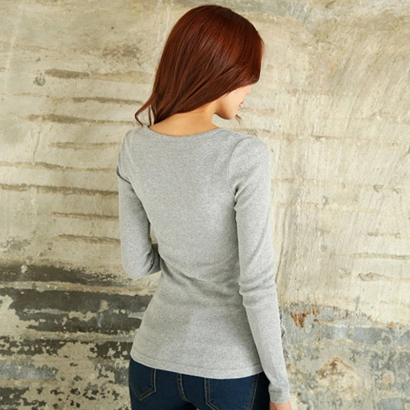 Femmes automne tricot à manches longues T-shirts décontracté couleur unie coupe ajustée bouton hauts Style coréen coupe ajustée T-shirts de base femmes sweats