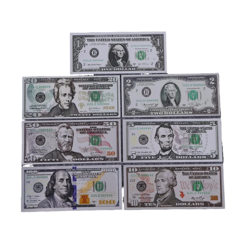 7pcs/set Nice USA 1 2 5 10 20 50 100 Dollar in 24k Silver Plated Fake Paper Money For Business Souvenir Gifts