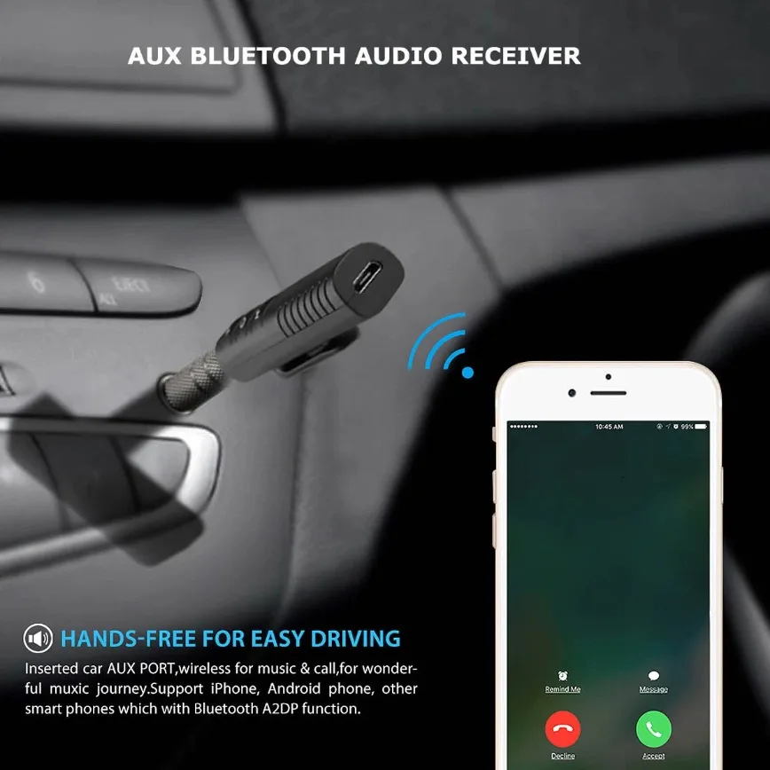 Drahtloser Bluetooth-Empfänger, 3,5 mm Klinke, AUX auf kabelloser Musik-Stereo-Adapter für Auto, Musik, Audio, Aux, Kopfhörer-Empfänger, Freisprecheinrichtung