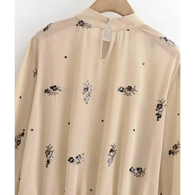 Vrouwen Kraal Bloemen Opstaande Kraag Blouse Lente Herfst Doorschijnend Mode Shirt Met Lange Mouwen Vrouwelijke Losse Elegantie Shirts