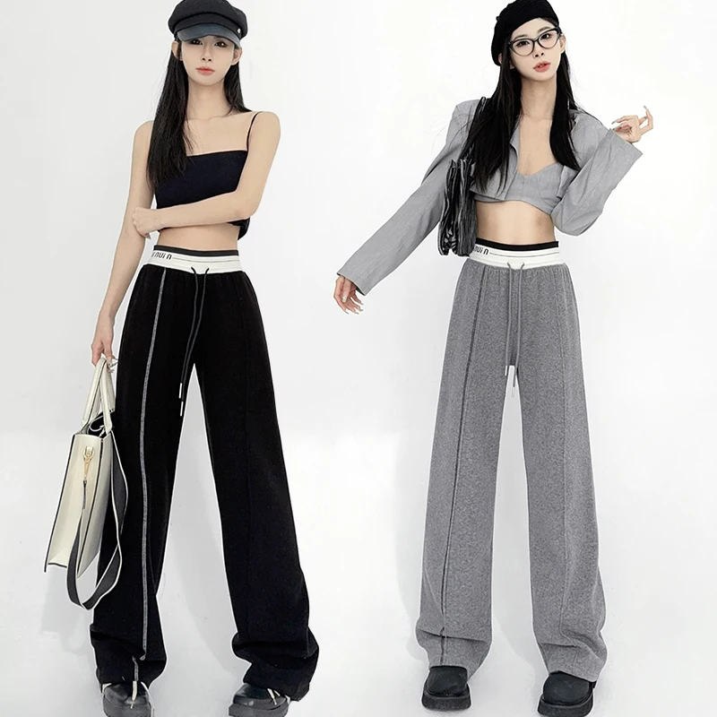 

2024 Spring New Sagging Lazy Pants Guard Pants with High Waist Splicing for Straight Tube Floor Sweeping Casual Wide Leg Pants