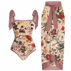 Fashion Women Cover Swimsuit Retro Print Gorgeous One-Piece Suit with Swimwear Beach Casual Swimwear Skirt That Wraps Hips