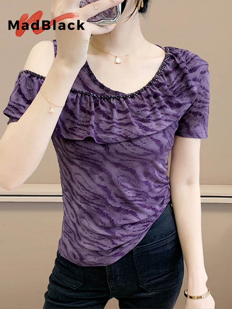 

MadBlack-Women's European T-Shirt, Sexy V Neck Beading Ruffles, Fashion Short Sleeve Off Shoulder Slim Tee, 2025 Summer T54205CC