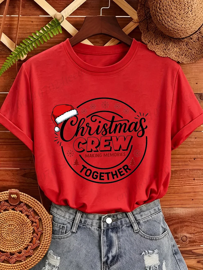 Christmas Crew Together T‑Shirt Family Matching Outfit Santa Hat Print Tees Women Casual Short Sleeve Xmas Holiday Party Tops