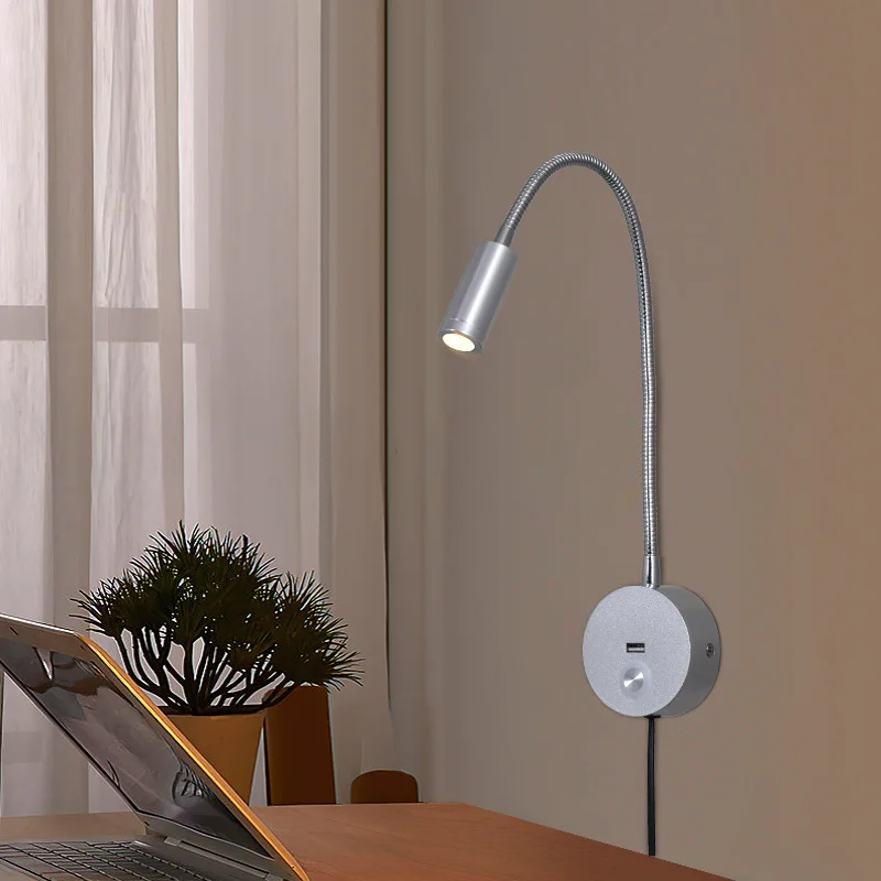 

Modern 3W LED Reading Lamp Middle-Sized Wall Hanging USB Charging Tube Lamp with Switch for Bedside Book Reading