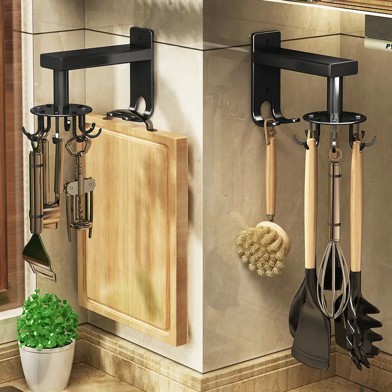 New Punch Free Space Aluminum Kitchen Rotary Telescopic Kitchen Shelf Rust Proof Hanger Wall Mounted Eight Claw Hook