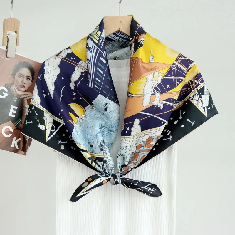 New Silk Twill Scarf 90CM Women Hand Rolled Bandana Luxury Designer Shawl Head Hair Decotation Spring Summer Accessories