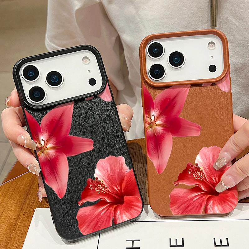 Red Flowers Pattern Phone Case For iPhone Air 17 16 15 14 13 12 Pro Max 12 Pro 11 16e Shockproof Leather Texture TPU Soft Cover
