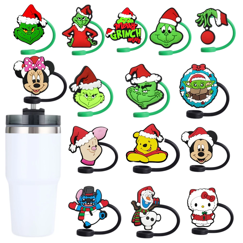 MINISO disney Christmas Straw Cover Cap 10MM Drink Straw Plug Reusable Splash Proof Fit Cup Accessories Straw Cap Charms Pendant