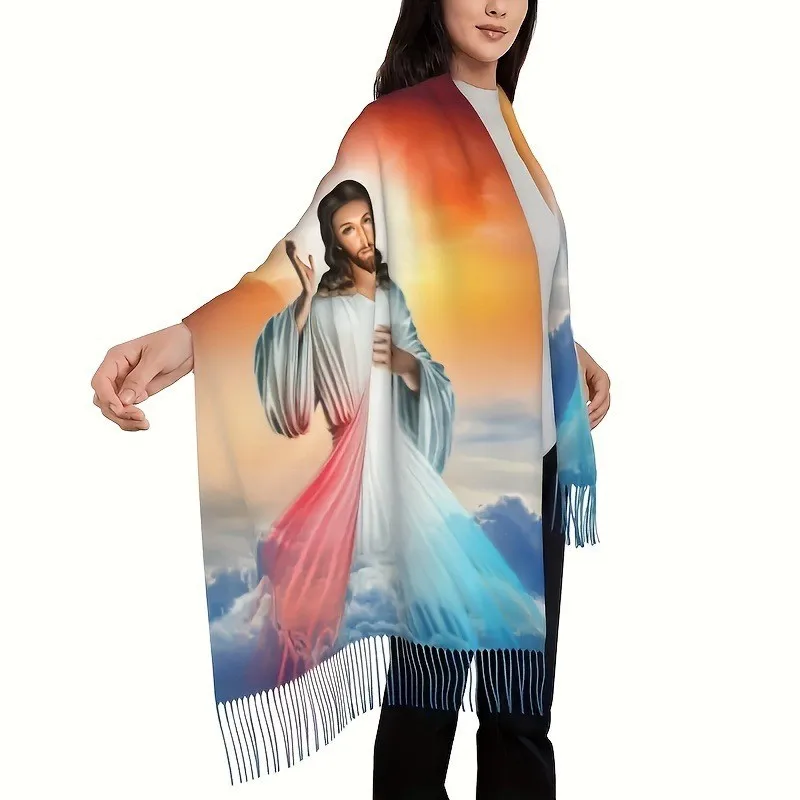 Ankunfts-Schulterschal aus Kaschmirimitat mit Ölgemälde-Vasenmuster für Damen mit Blumenfransen, warmer und extra langer Schal