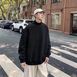 Winter Turtleneck Thicken Men Long Sleeve T Shirt Loose Keep Warm Black Grey All-match Business Casual Oversized Inside Pullover