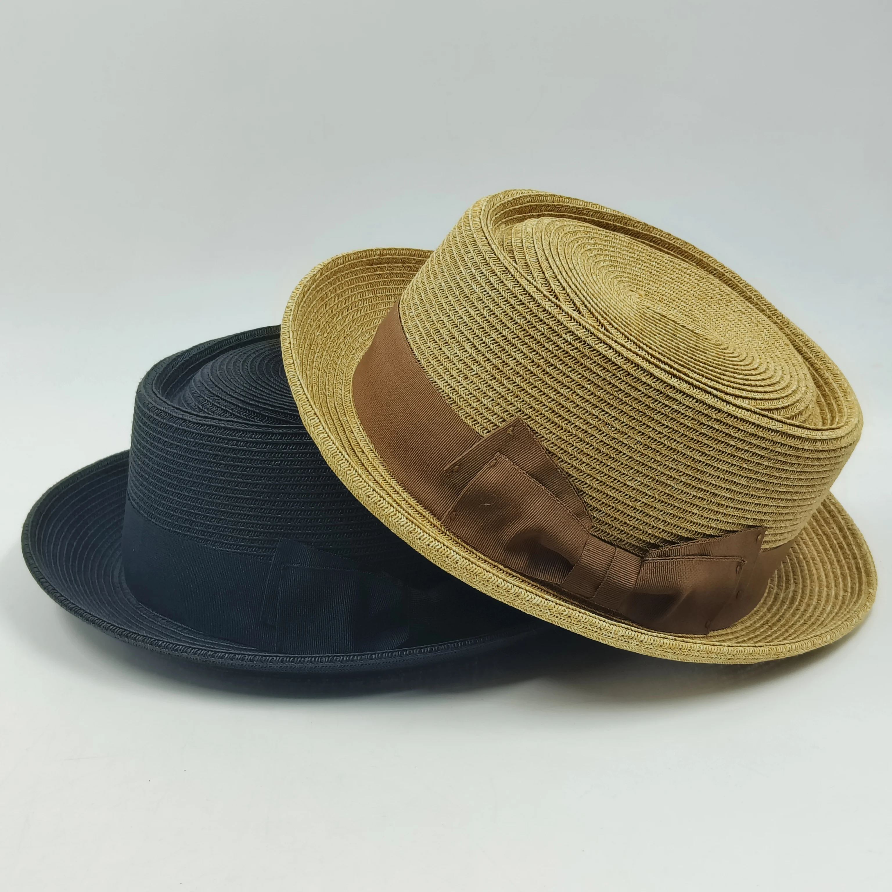 Sombrero clásico de Porkpie para hombre y mujer, sombrero de paja con lazo, ala enrollable, fedora para el sol, trilby, jazz, fieltro vintage, Verano