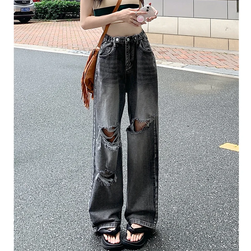 2024 New Plus size Chubby Girl Slimming High Waist Straight Ripped Jeans Women Loose High Street Ins Trendy Wide Leg Pants