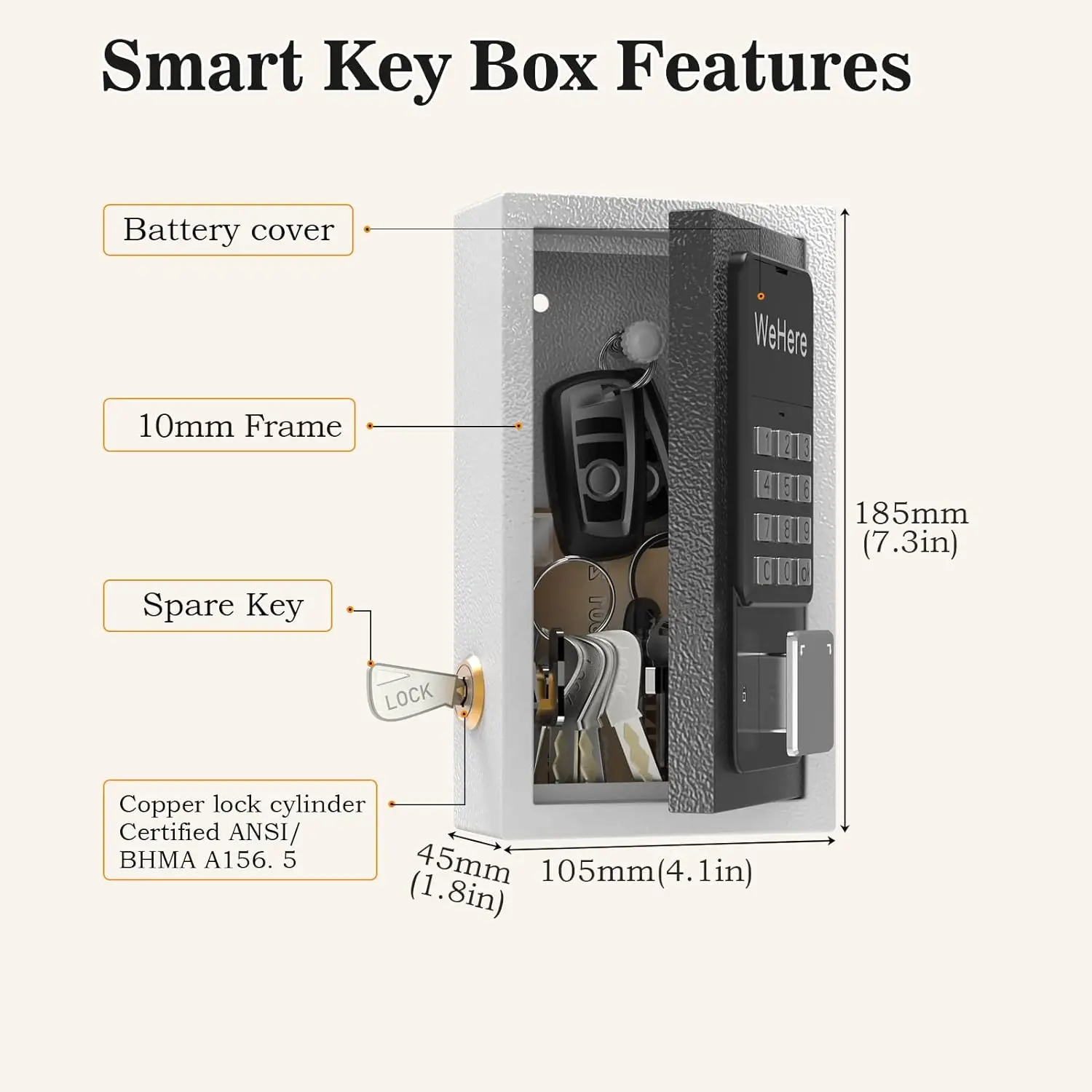 WeHere Wall Mounted Key Safe Box, suporte é adequado para Casa Chaves, OTP, APP, código fixo de desbloqueio, Outdoor Security Management