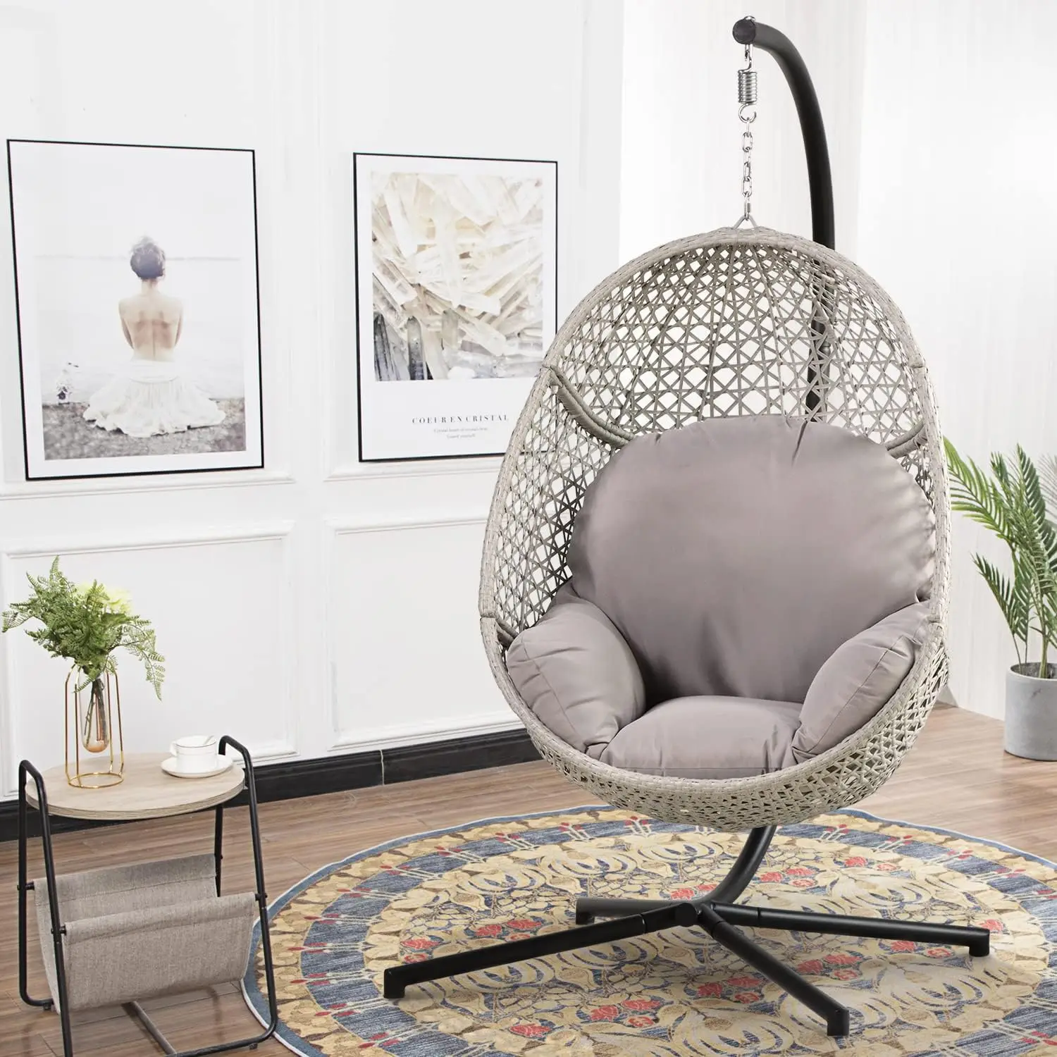 Silla colgante tipo huevo con soporte, columpio de huevo de mimbre, silla colgante de ratán PE, cojín cómodo, capacidad de 350 libras para dormitorio interior
