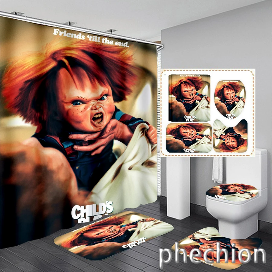 New 3D Print Chucky Shower Curtain Waterproof Bathroom Curtain Anti-slip Bath Mat Set Toilet Rugs Carpet VR64