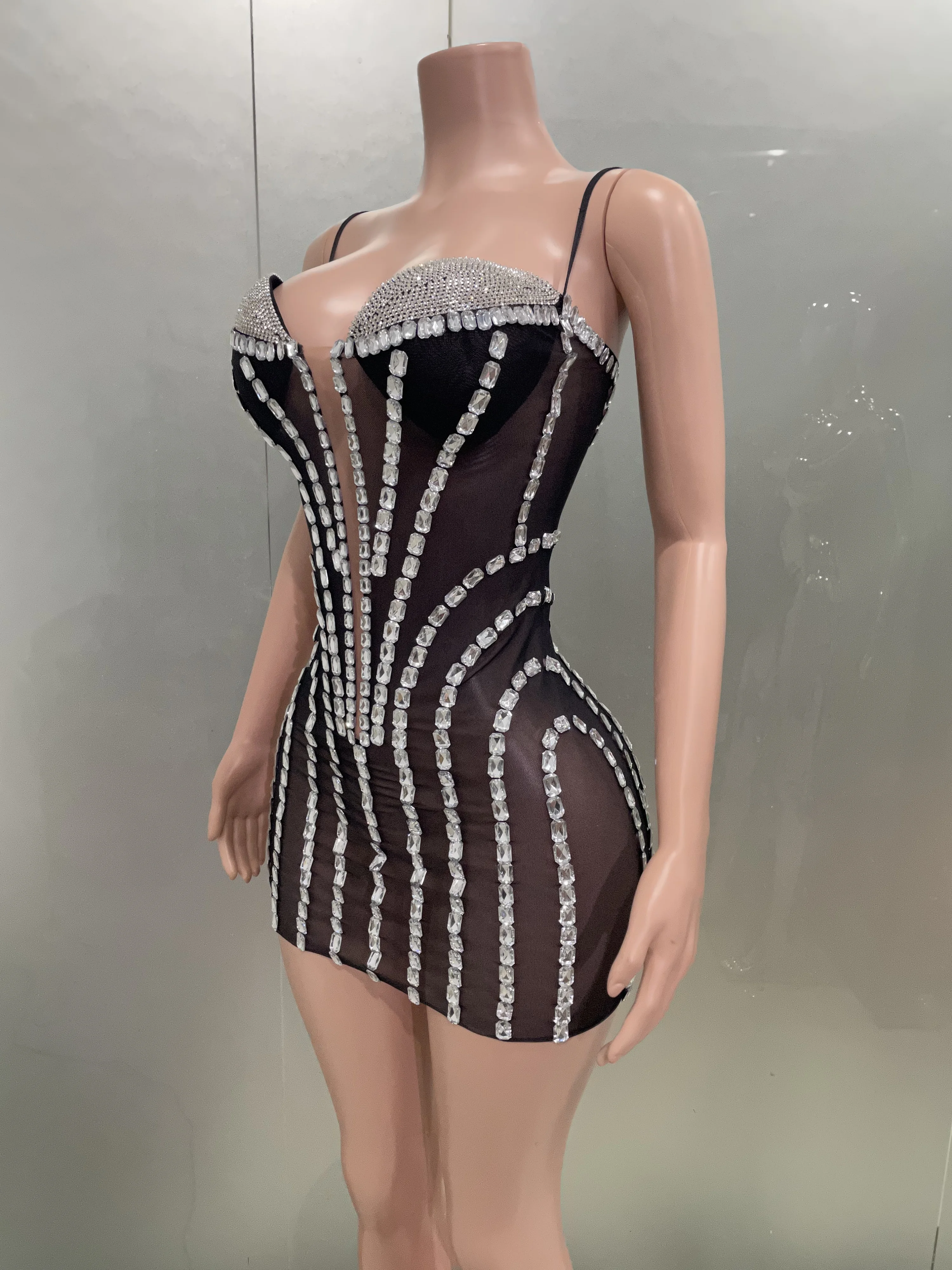 Sexy Sparkly Rhinestones Mesh Transparent Short Slip Dress 2025 Women Evening Birthday Party Nightclub Photo Shoot Stage Wear