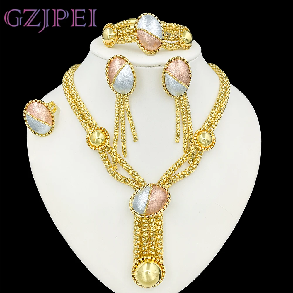 GZJPEI 2026 New Tri-color Jewelry Set Oval Pendant Multi-Layer Tassel Jewelry For Women Dubai Bridal Wedding Ornament Party Gift