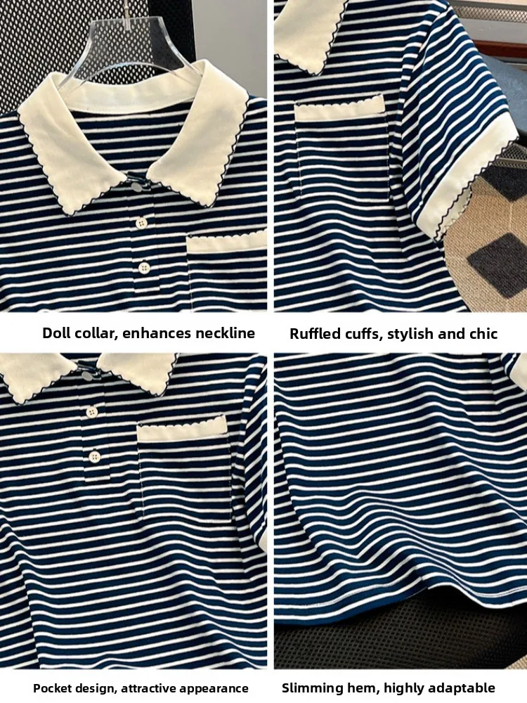 Nowa letnia koszulka damska 2025 w paski, luźny krój, dopasowany, z mieszanki bawełny, styl koreański.