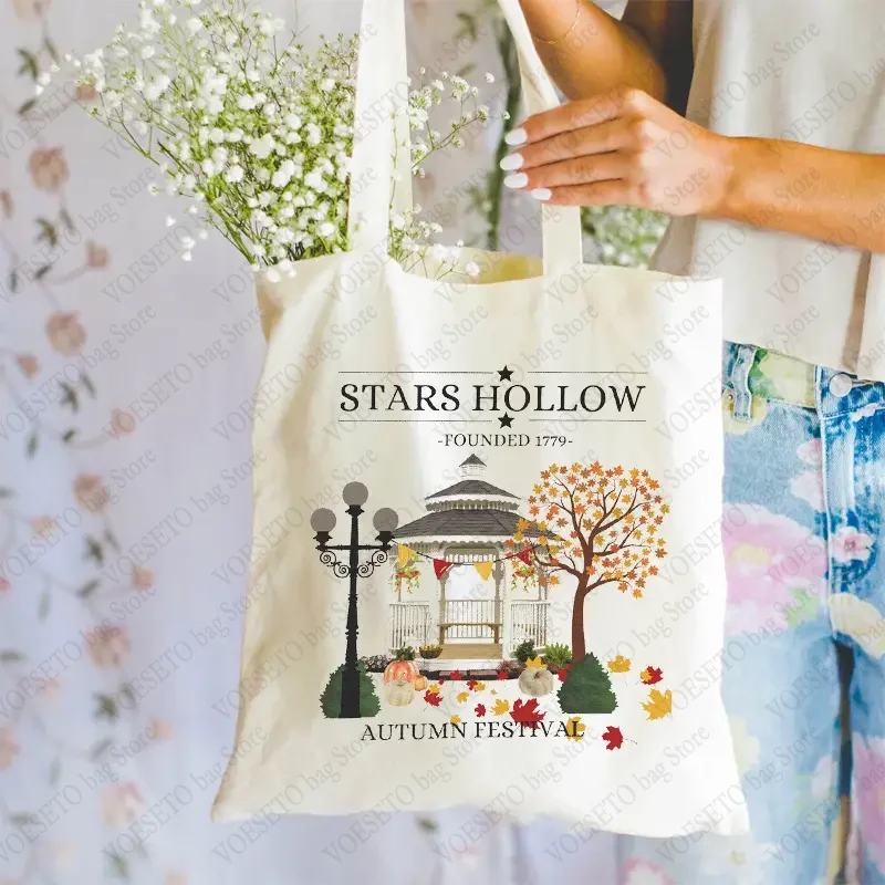 Stars Hollow Pattern Tote Bag Autumn Casual Canvas Shoulder Bag Female Shopping Bags Great Gift for Stars Hollow Fans