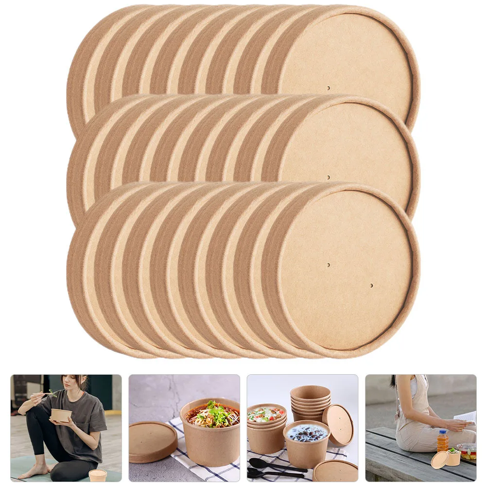 

40pcs Disposable Kraft Paper Soup Cup Lid Round Bucket Lid For Food Protection Porridge Rice Containers Bulk Packing Supplies