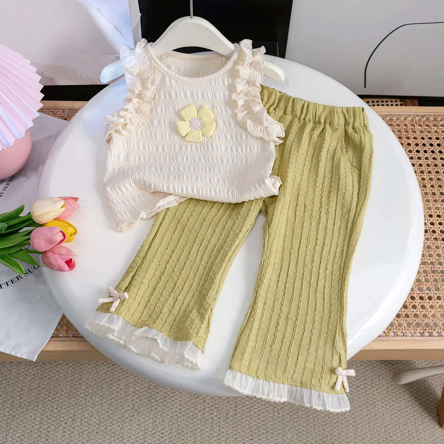 Girls Clothes Sets Summer 3D Flower Sleeveless Tank Top + Flared Pants Suits for Kids Fashion Children Outfit Sets Baby Clothing