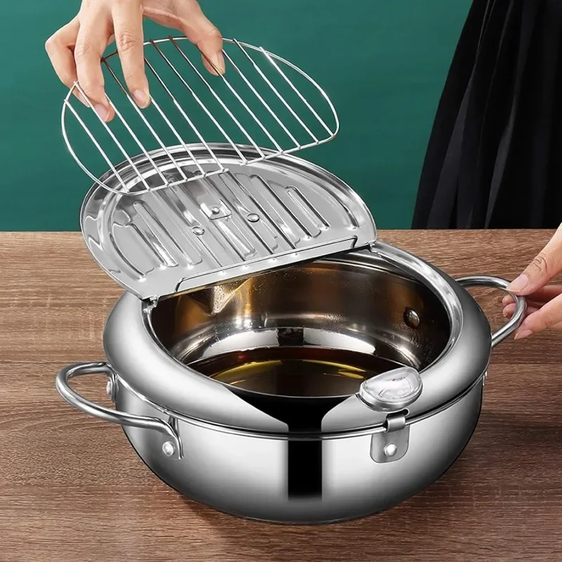 Deep Fryer Pot, 304 Stainless Steel Japanese Deep Fryer with Thermometer for French Fries Shrimp Chicken Wings and Shrimp