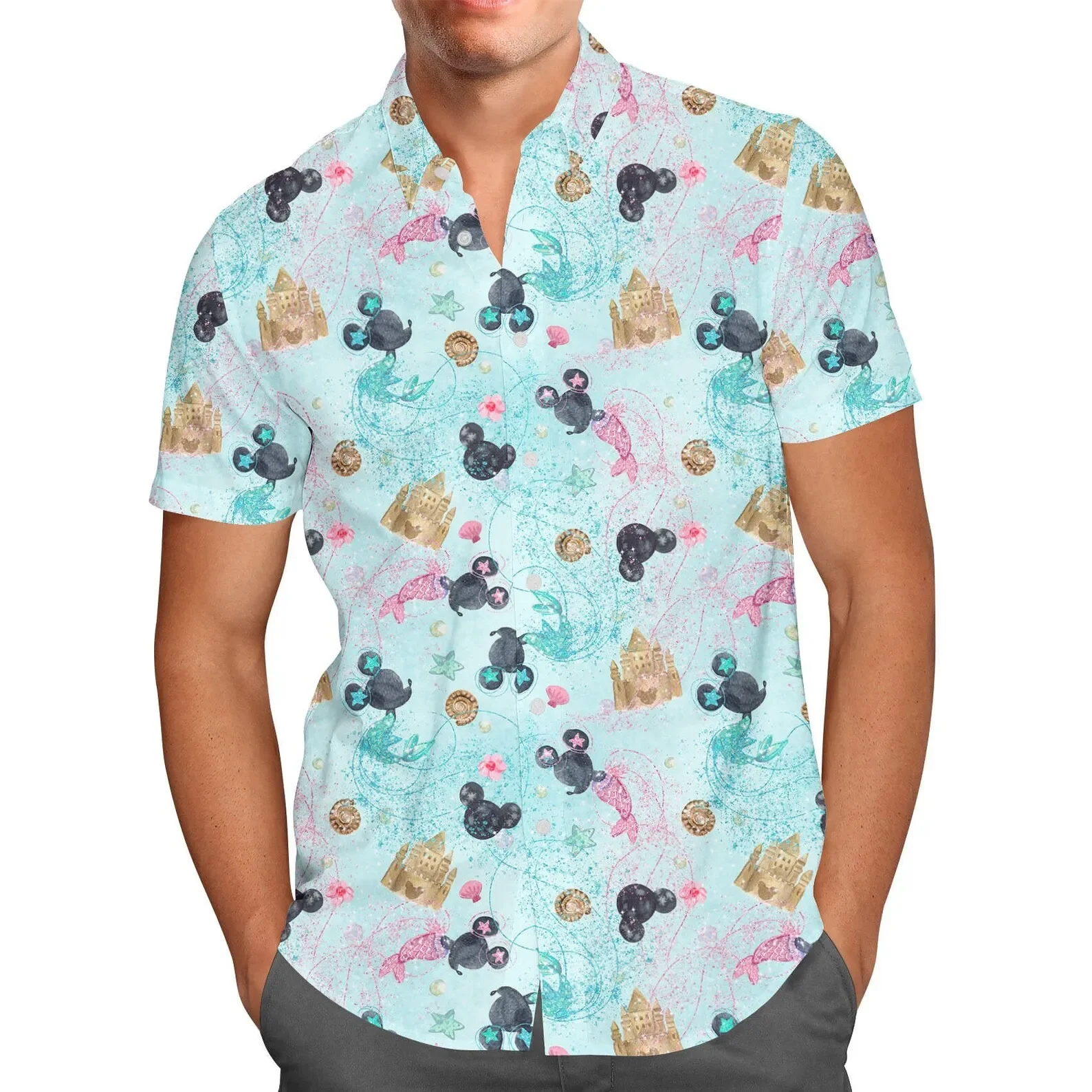 Watercolor Minnie Mermaids Hawaiian Shirt Disney Inspired Men's Button Down Short-Sleeved Shirt Men's Women's Casual Beach Shirt