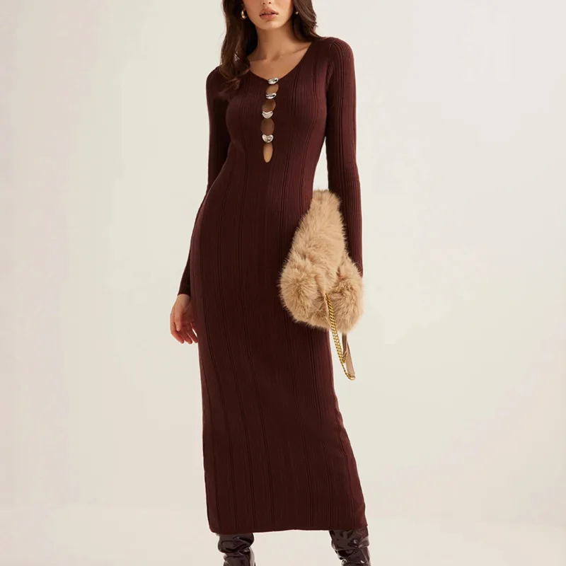 V-Neck Slim Fit Long Sleeve Bodycon Knitted Dress 2025 Women's French Style Solid Color Hollow Out Design Comfortable Long Skirt