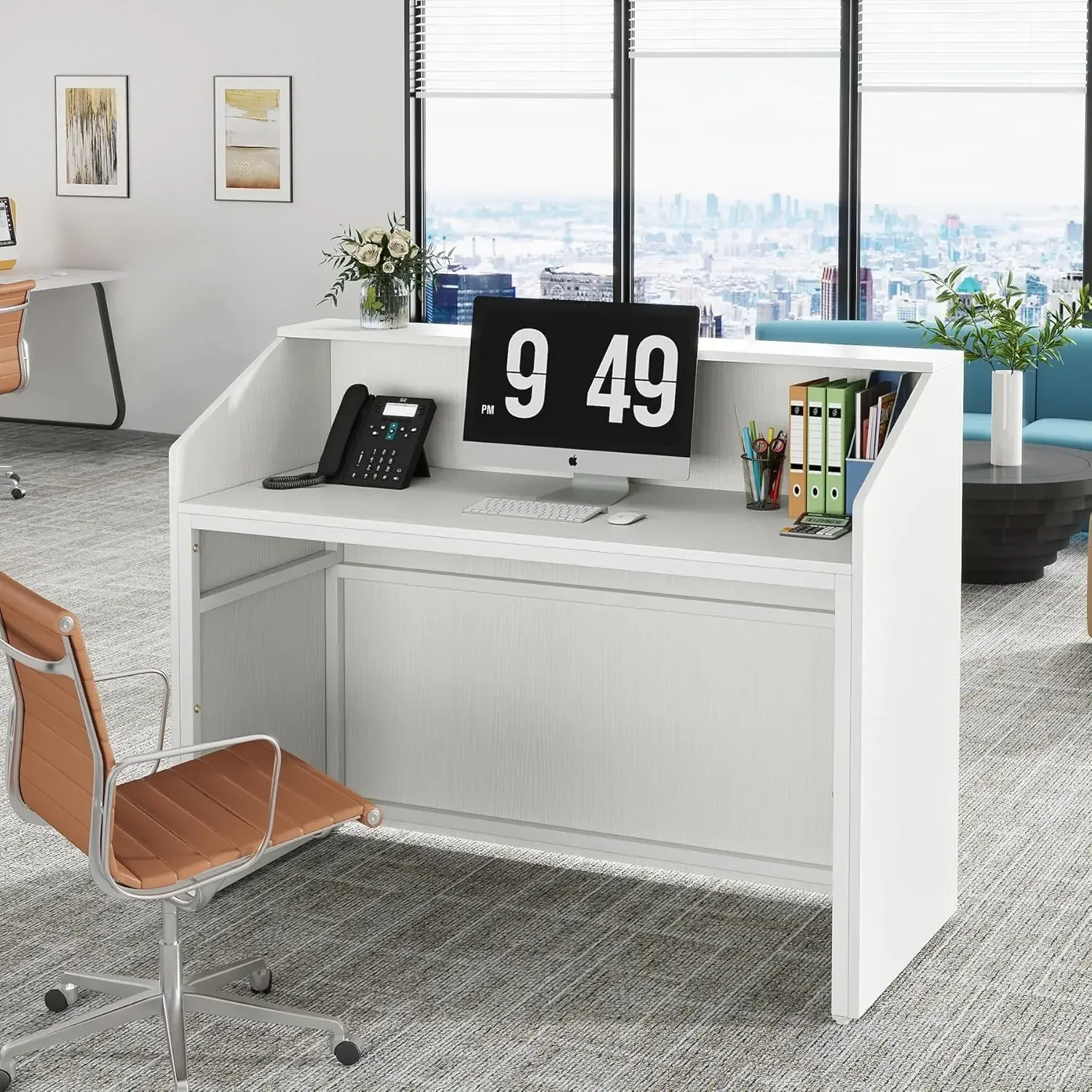 Reception Desk with Counter, Modern Front Desk Reception Room Table with Cable Grommet,47 inch Retail Counter for Checkout,White