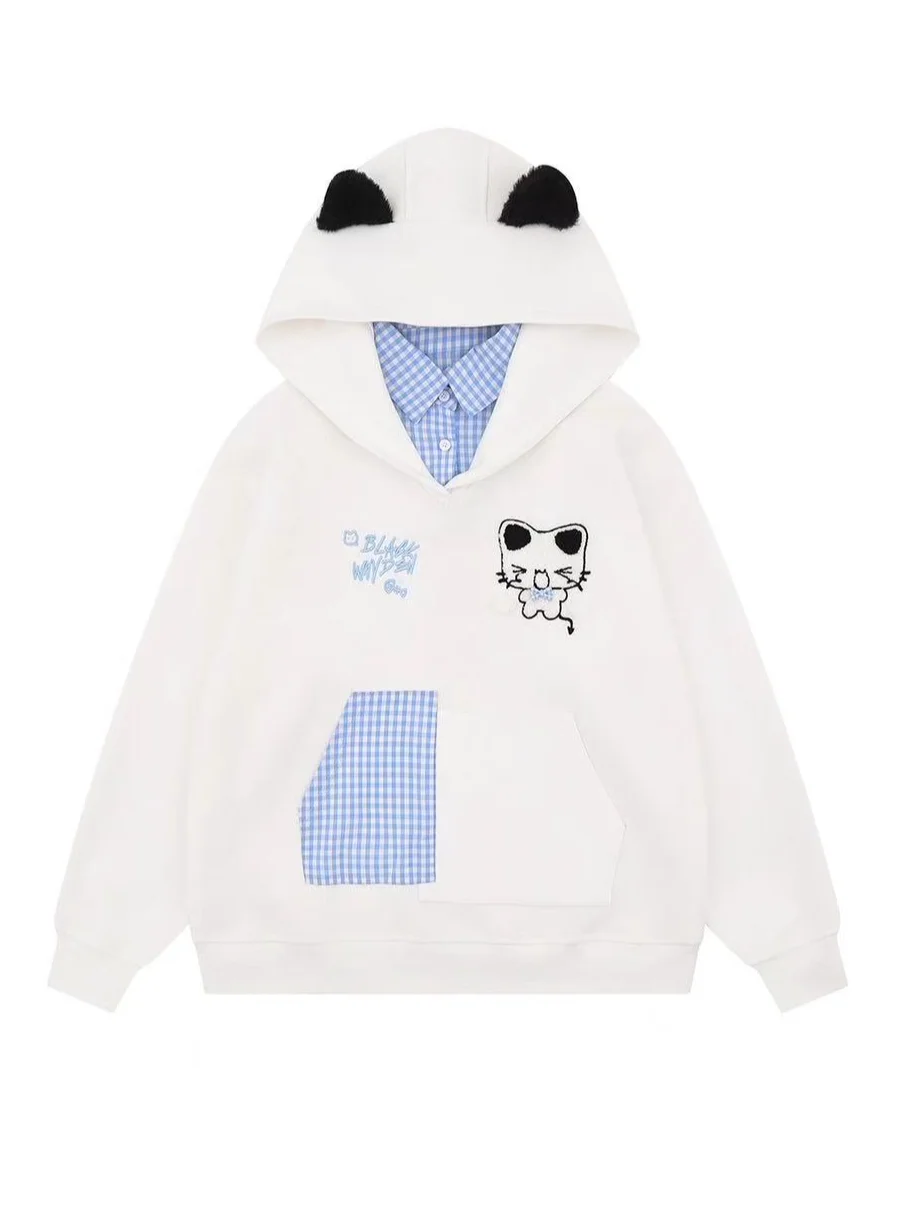 Extra Large 300 Pou Korean Design Sense Plaid Hoodie Loose Casual Cute Little Dog irt Women's Faion Spring Autumn
