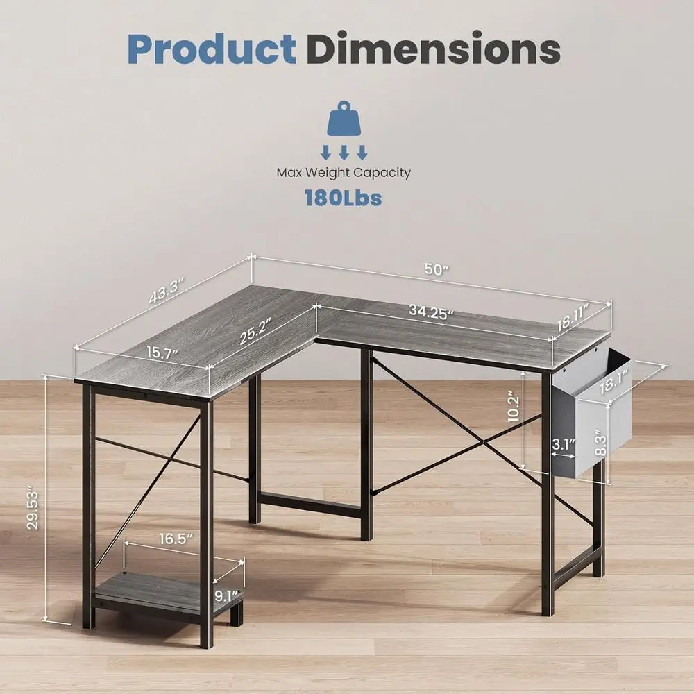 L Shaped Desk Computer Gaming Corner Table 50 Inch Home Office Writing Student Work PC Workstation with Side Storage Bag CPU Sta