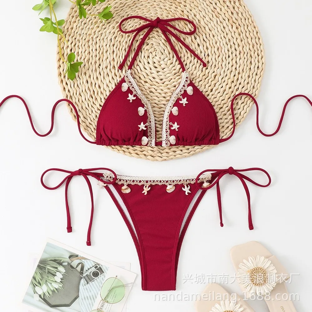 Sexy Halter Triangle Cup Bikini Set With Shell Details Tie Back Beach Swimwear For Women 2 Pieces Tankini Swimsuits Women Biquin