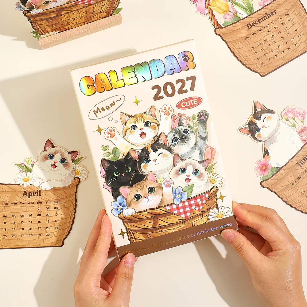 2027 Cute Cat Desk Calendar Wooden Base with 12 Painting Art Cards Daily Monthly Planner Decor for Office Home School