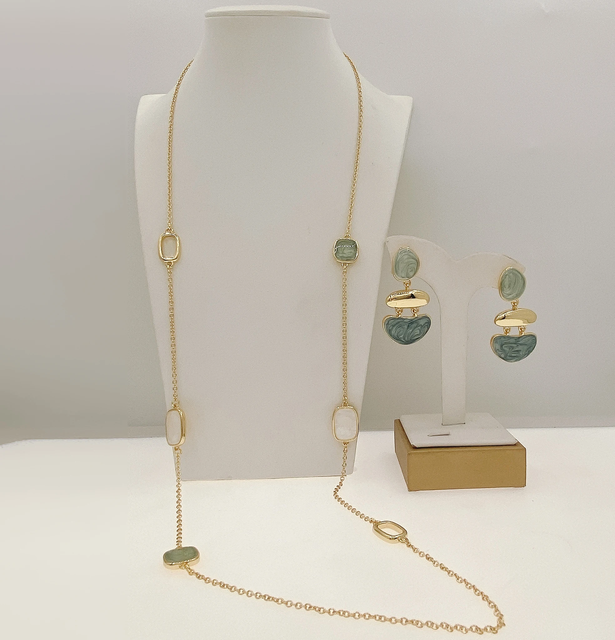 

Fashion green enamel long chain pedant Jewelry set hotselling beautiful Collar Brazalete Aretes Anillo 2pc jewels for party gift