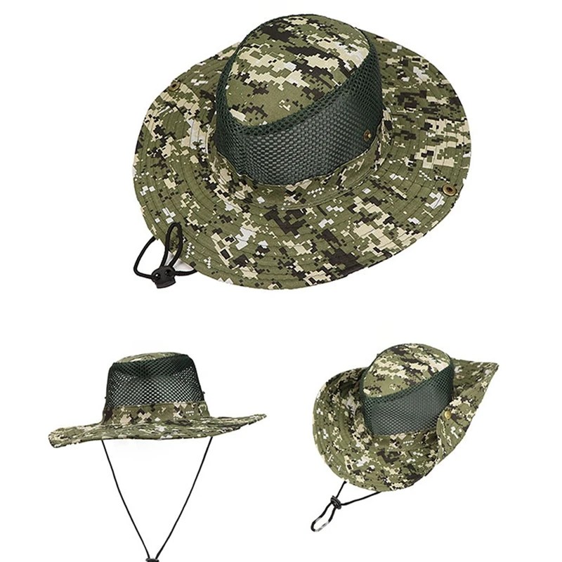 Kamuflaż kapelusz przeciwsłoneczny szerokie rondo kapelusz Boonie siatkowy oddychający Camo mężczyźni Outdoor Sports czapka przeciwsłoneczna wędkarstwo piesze wycieczki kapelusze myśliwskie