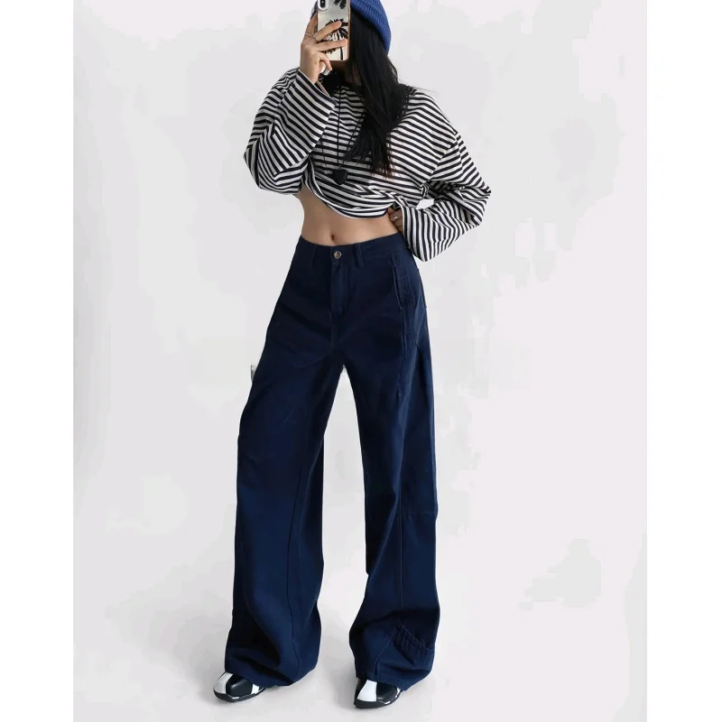 Nuevos pantalones vaqueros de pierna ancha de cintura alta para mujer de invierno hasta el suelo corte recto ropa de trabajo holgada pantalones casuales Vintage Sle